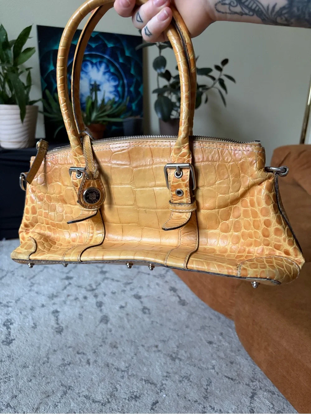 Dooney & Bourke Croc-Embossed Yellow Leather Handbag